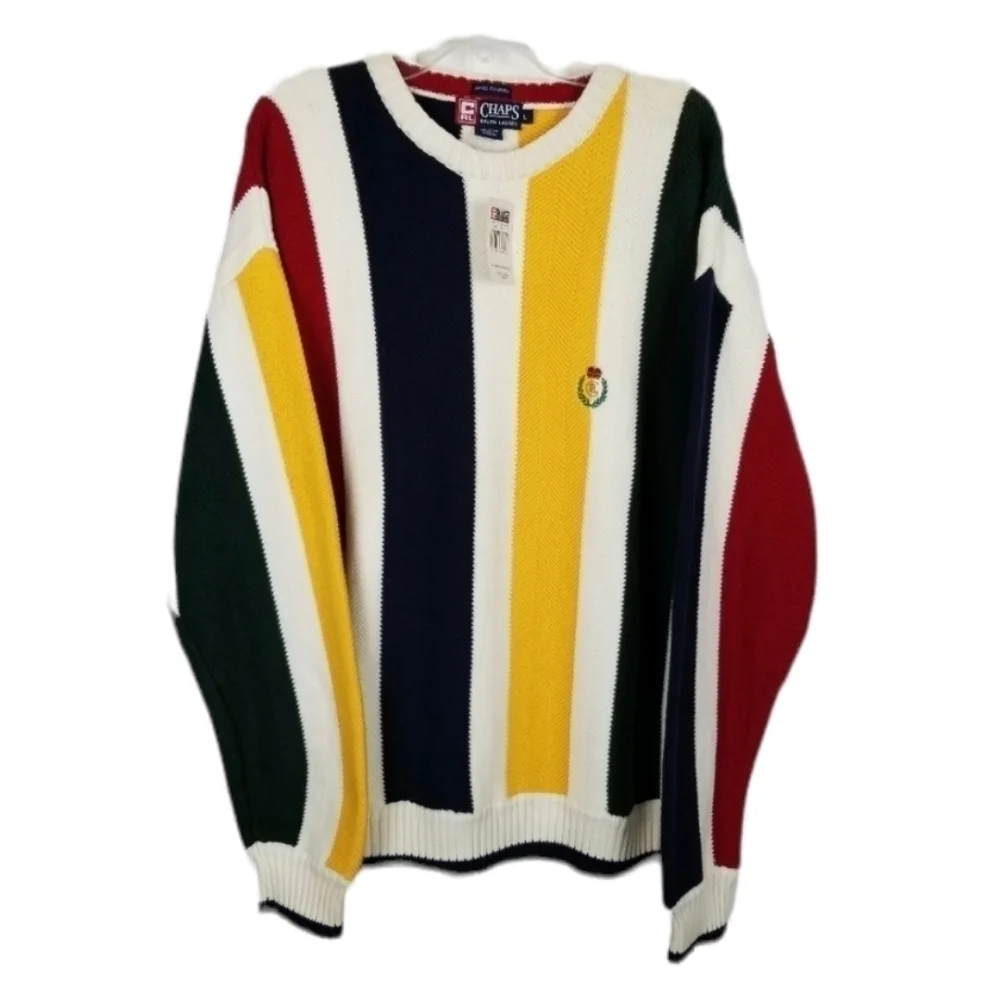 Ralph Lauren X Chaps Sweater Crest Crew Horizontal Stripe Multi Color Cotton NWT
